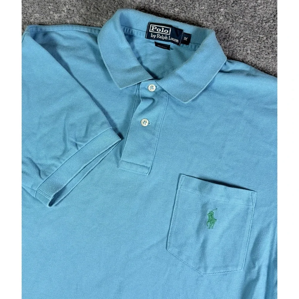 Polo Ralph Lauren Mens Size Medium Aqua Blue Pocket Polo Shirt Preppy Green Pony